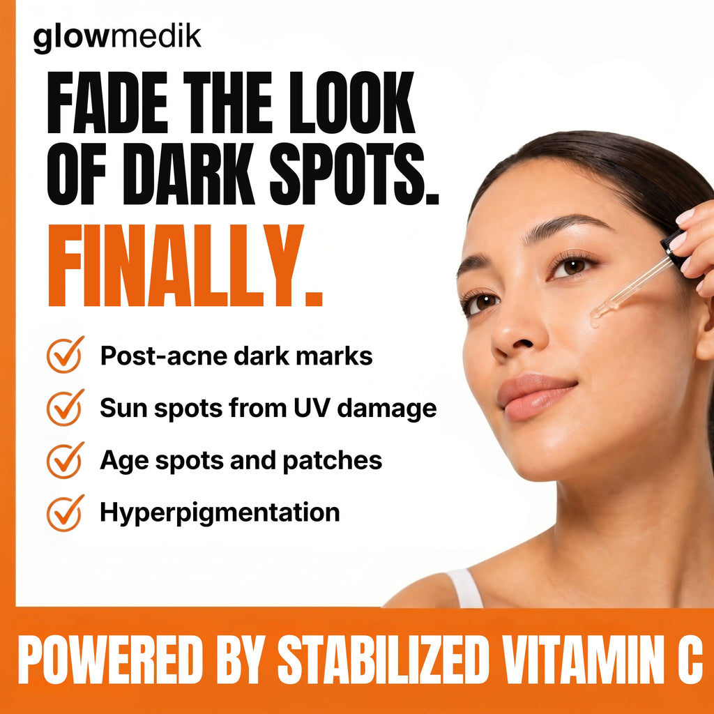 Advertisement for glowmedik product showing a woman applying a serum with text about dark spot correction.