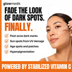 Advertisement for glowmedik product showing a woman applying a serum with text about dark spot correction.
