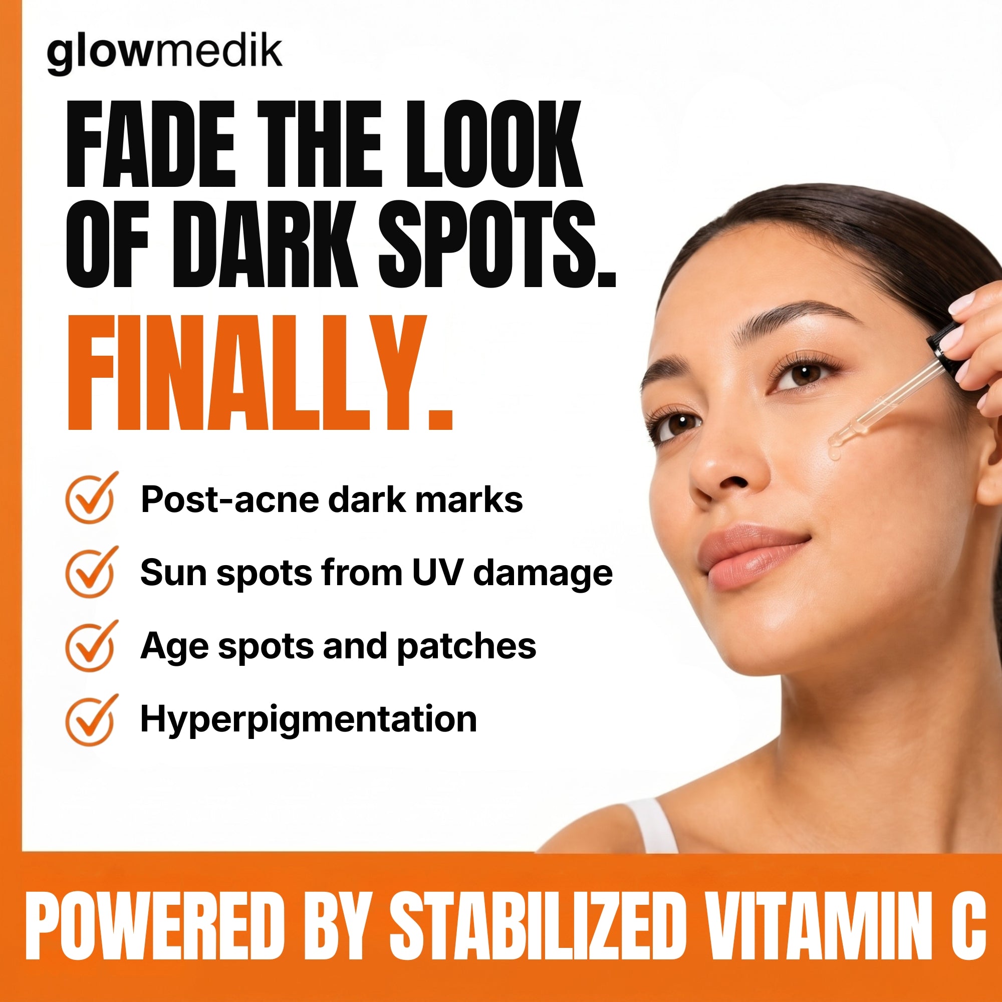 Advertisement for glowmedik product showing a woman applying a serum with text about dark spot correction.