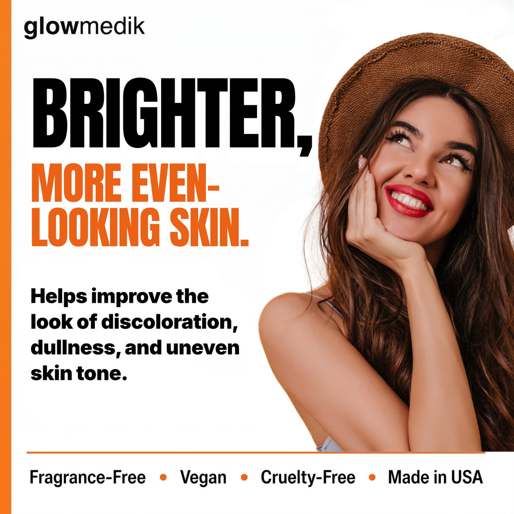 Advertisement for glowmedik skin improvement product with a woman and text on a white background