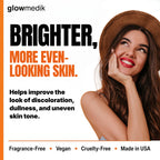 Advertisement for glowmedik skin improvement product with a woman and text on a white background