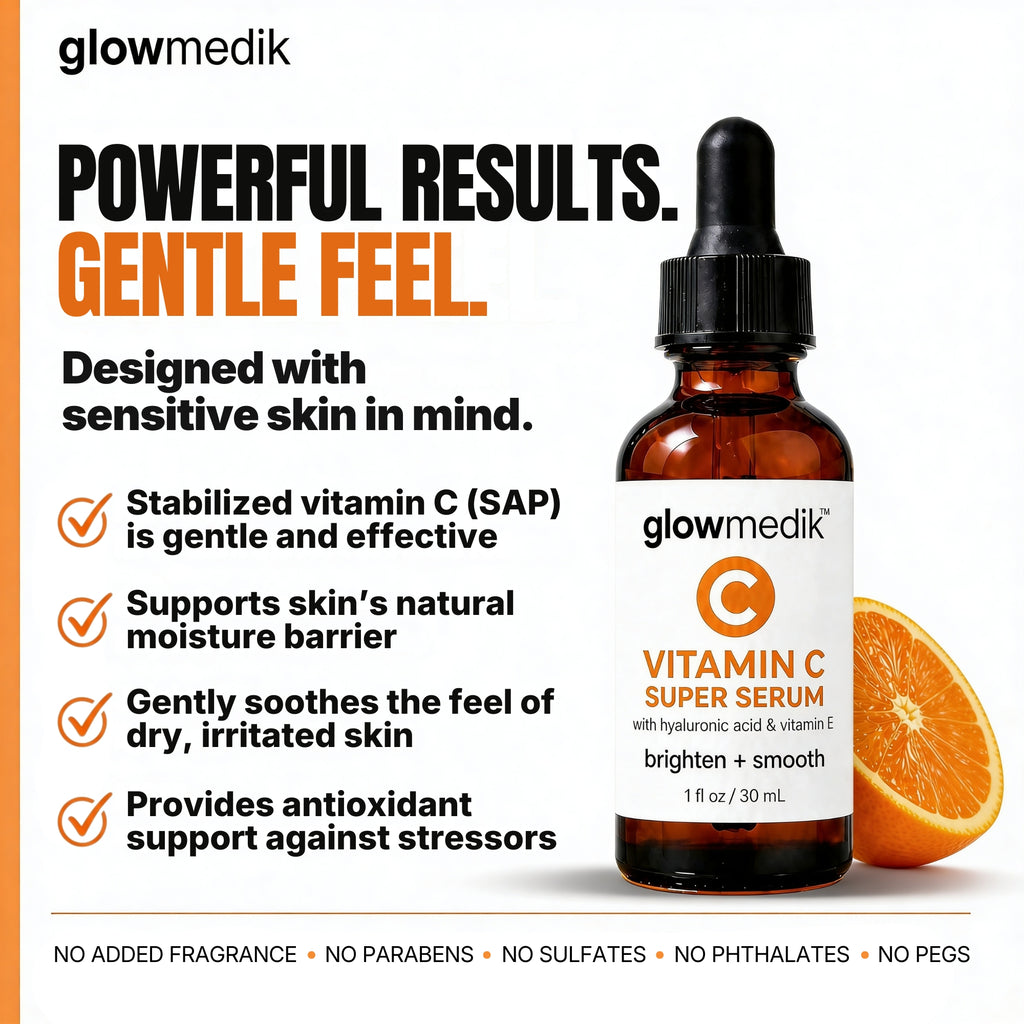 Glowmedik Vitamin C serum bottle with an orange and text highlighting product benefits.