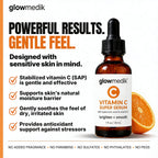 Glowmedik Vitamin C serum bottle with an orange and text highlighting product benefits.