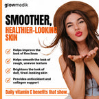 Advertisement for glowmedik skin care product with a woman wearing a hat and showing smooth skin.