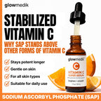 Glowmedik Vitamin C serum bottle with dropper and oranges on a white background
