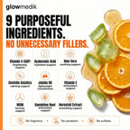 Glowmedik skincare product with ingredients list and visual of oranges and aloe vera on a white background