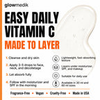 Glowmedik vitamin C product with usage instructions and features on a white background