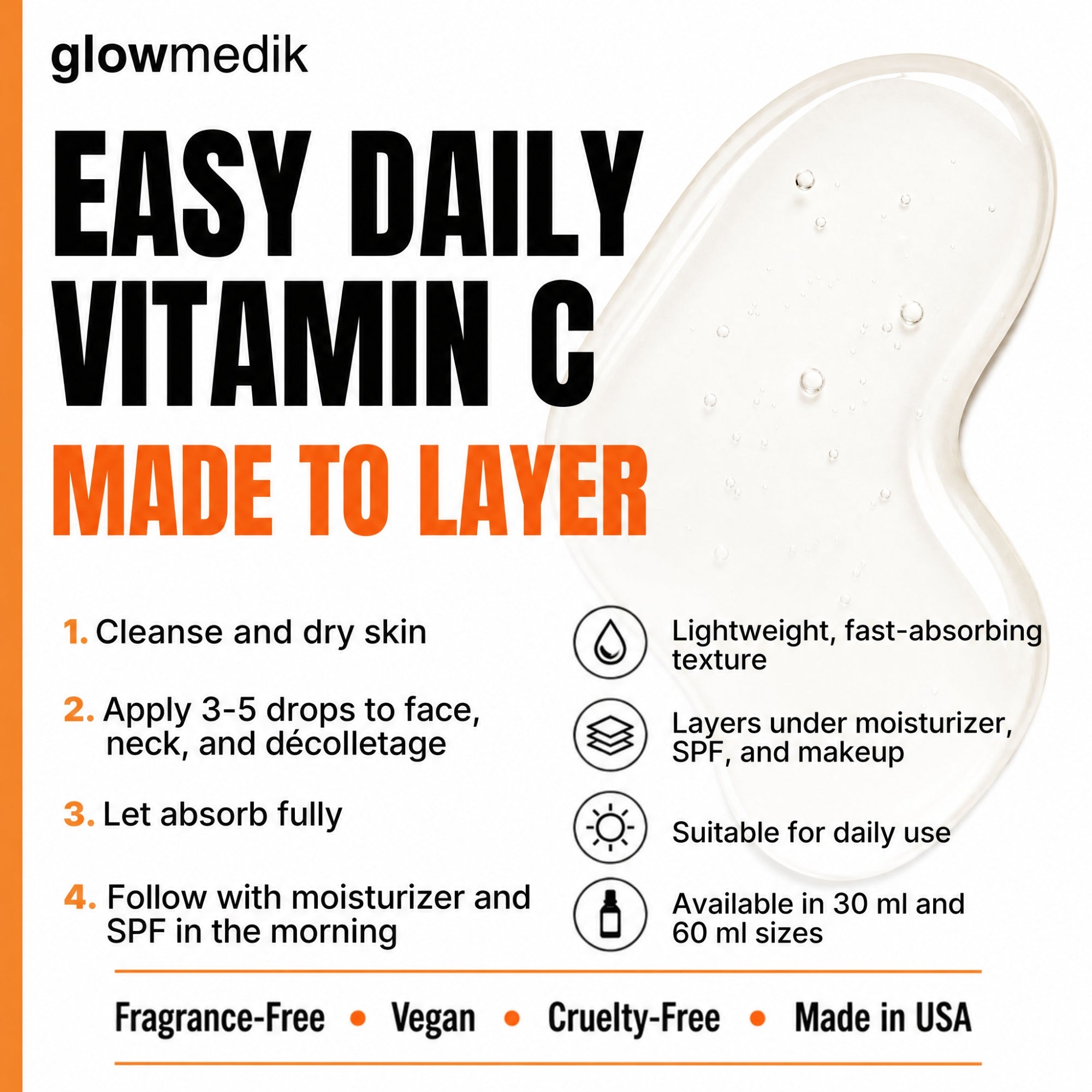 Glowmedik vitamin C product with usage instructions and features on a white background
