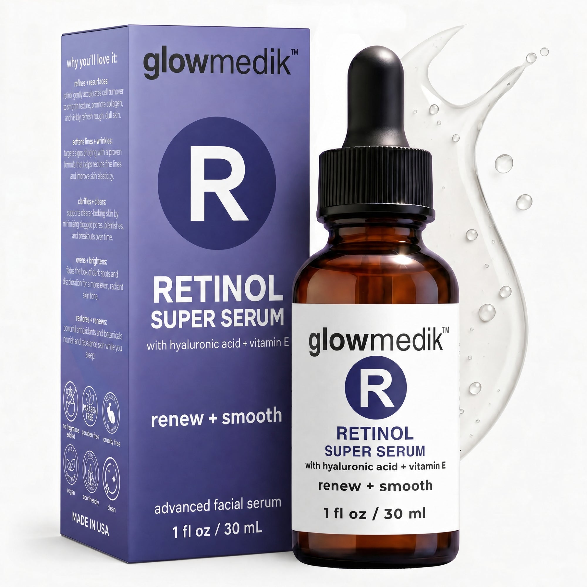 Glowmedik Retinol Super Serum bottle and packaging on a white background