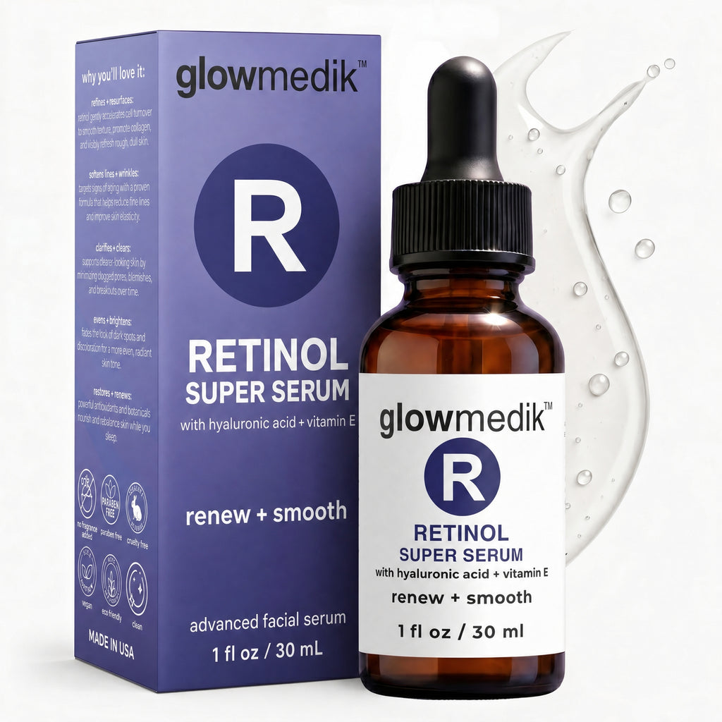Glowmedik Retinol Super Serum bottle and packaging on a white background