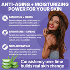 Glowmedik retinol super cream infographic with image of glowmedik model and aloe vera, highlighting anti-aging and moisturizing benefits.