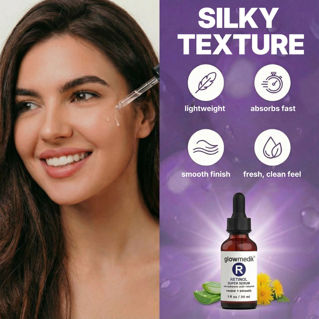 Woman applying skincare product with 'Glowmedik' serum bottle on purple background, featuring product benefits.