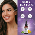 Woman applying skincare product with 'Glowmedik' serum bottle on purple background, featuring product benefits.
