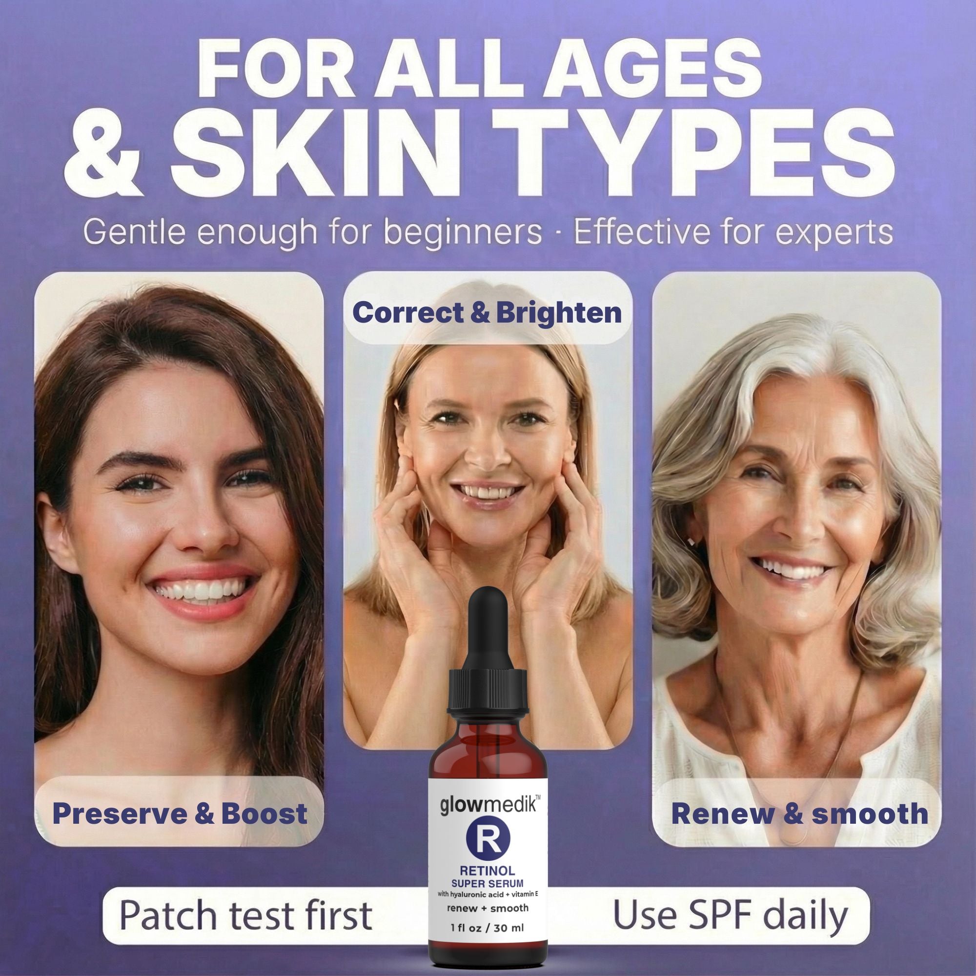 Glowmeidk Retinol super serum with images of different skin types and product packaging.