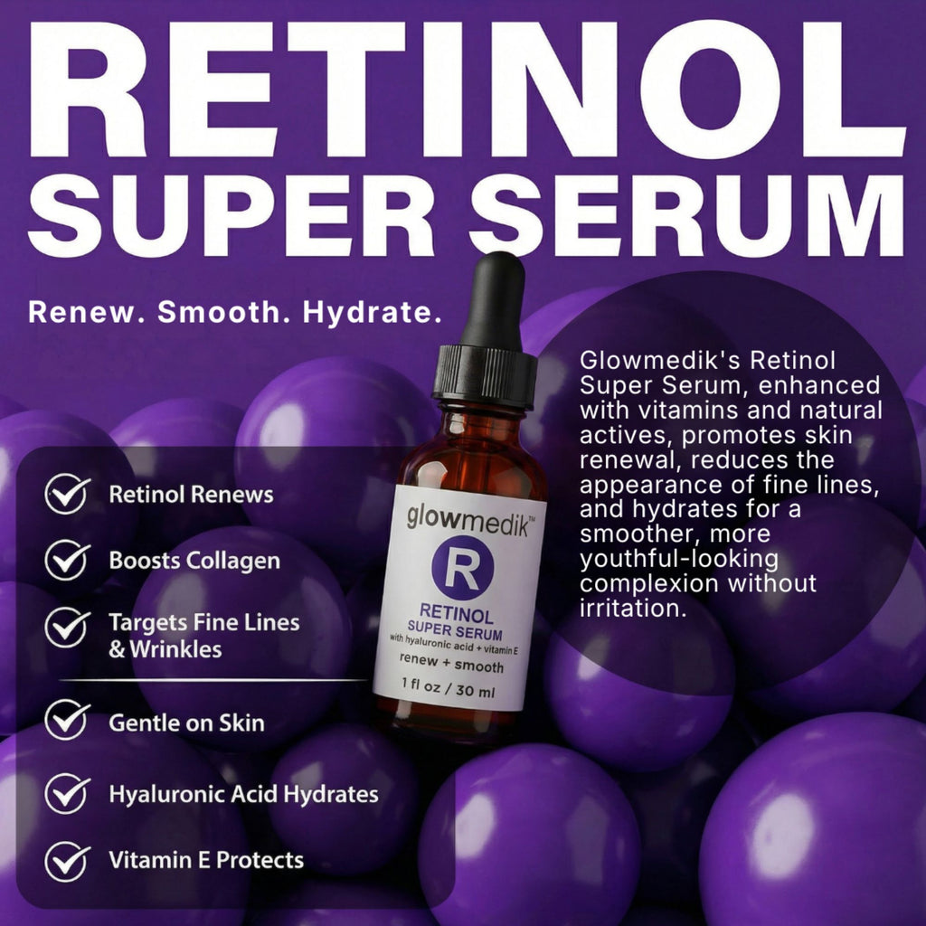 Glowmedik Retinol super serum bottle with purple spheres highlighting renew, smooth and hydration.