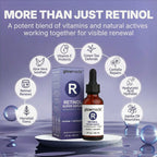 Glowmedik Retinol Super Serum with product and benefits on a purple background
