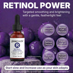 Glowmedik retinol serum bottle with purple grapes and product benefits on a purple background