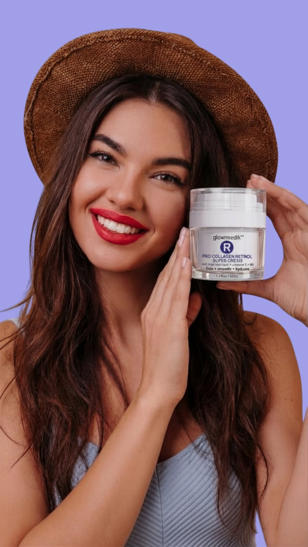 Glowmedik model holding a  airless pump jar of retinol super cream against a purple background