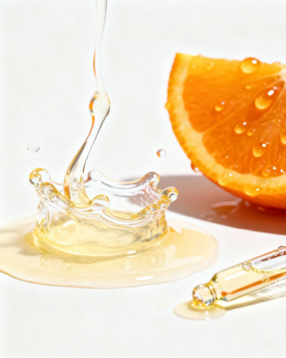Glowmedik vitamin C serum being poured with an orange slice on a white background