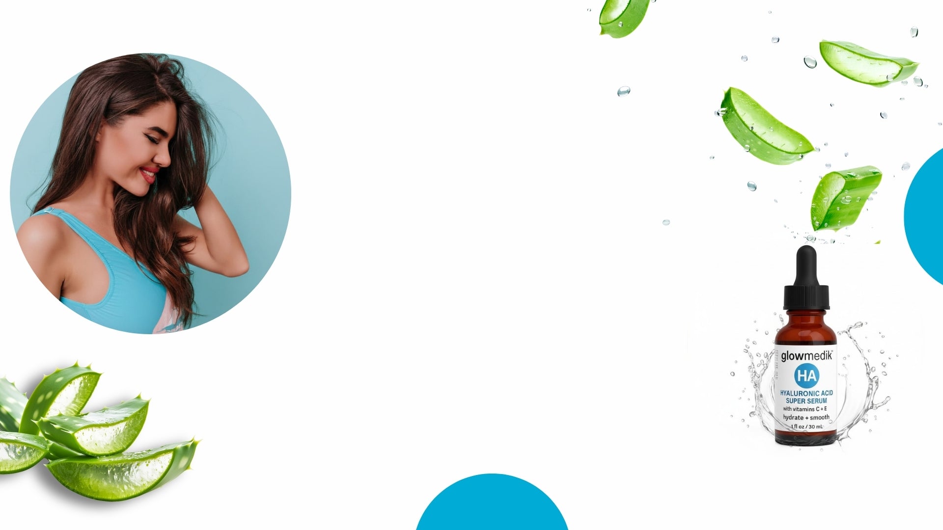 Hyaluronic Acid bottle with a Glowmedik models face in a circular inset on a white background.