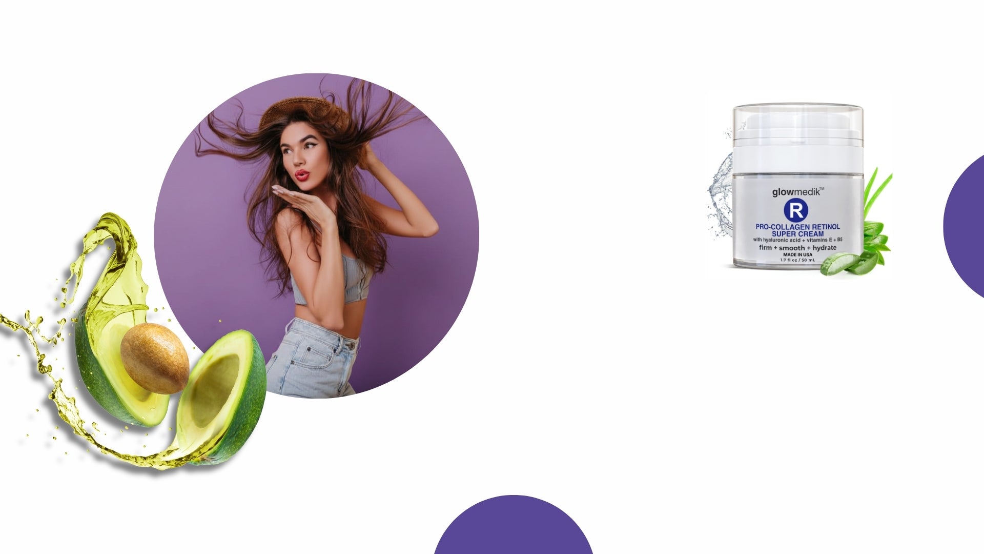 Jar of Retinol super cream displayed with avocado, and the Glowmedik model with long hair on a white background