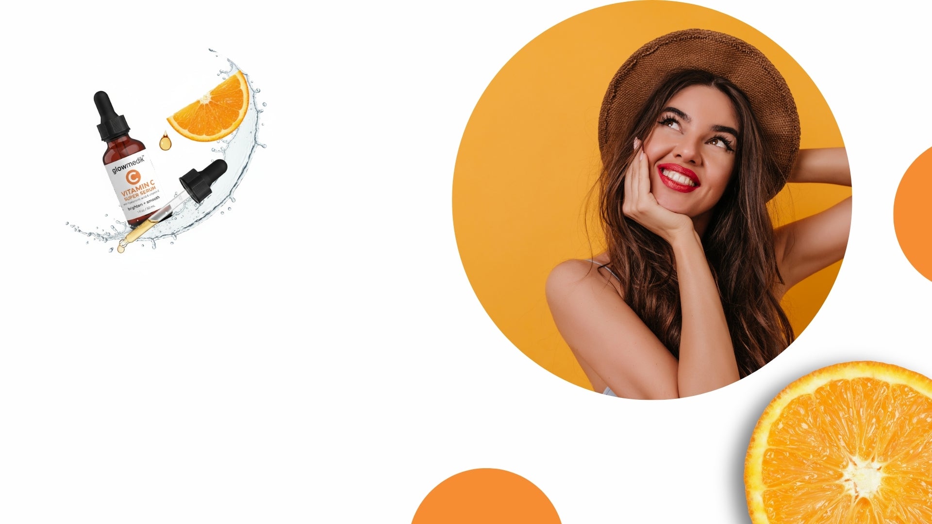 Glowmedik model with a sun hat surrounded by oranges and a bottle of Vitamin C super serum, on a white background