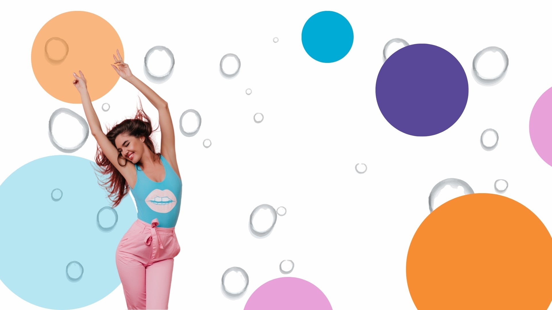 Glowmedik model in a blue top and pink pants surrounded by colorful circles on a white background