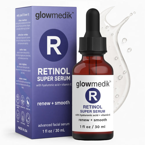 Glowmedik Retinol Super Serum bottle and packaging on a white background