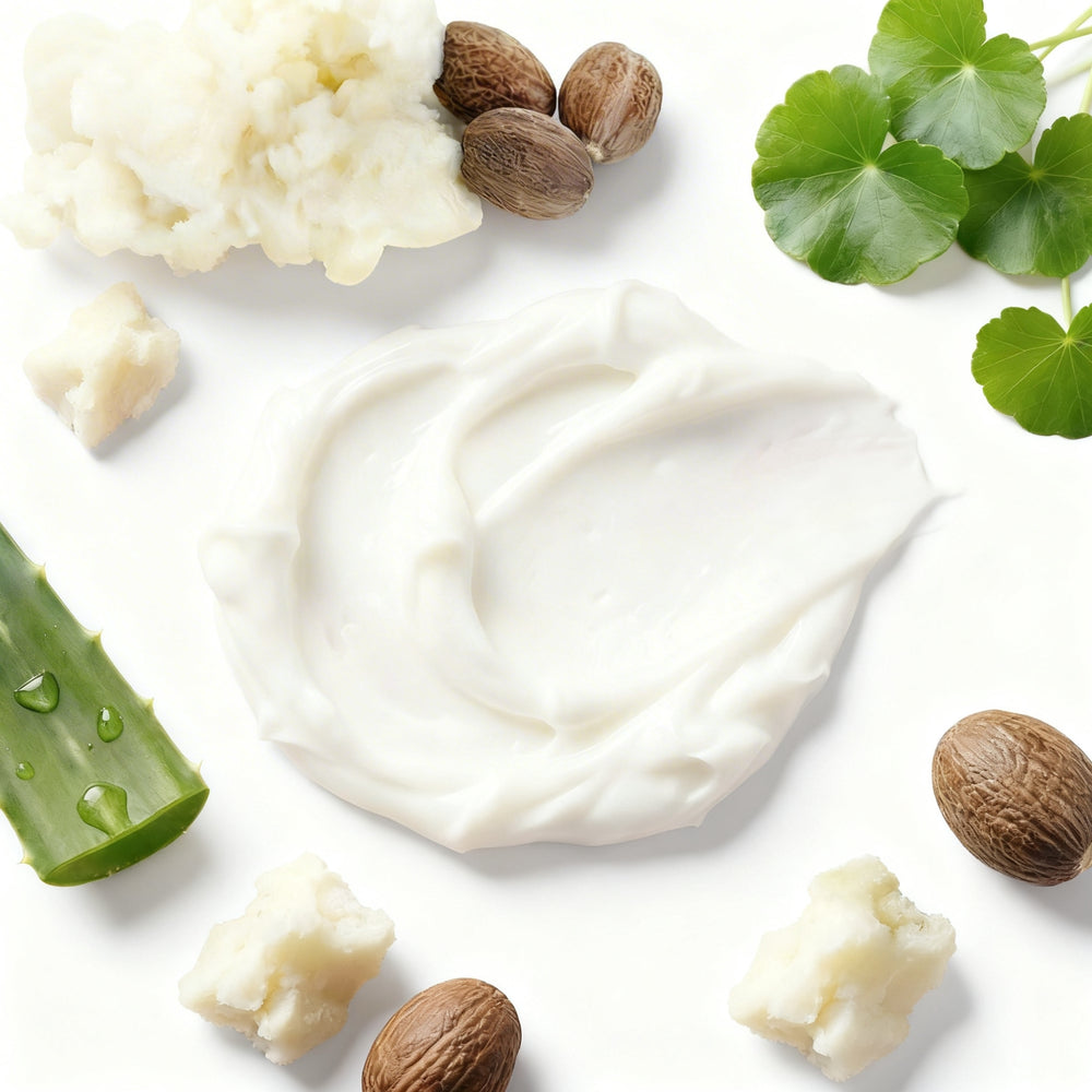 White cream with the ingredients : aloe vera, shea butter and nuts, and gotu kola leaves on a white background