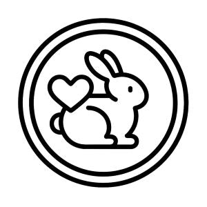 Black and white icon of a rabbit holding a heart within a circular border. Cruelty free beauty icon