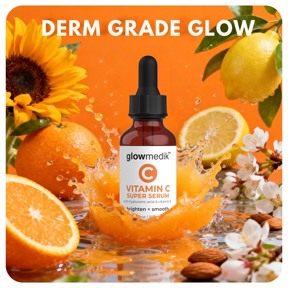 Glowmedik Vitamin C Super Serum with oranges, lemons, and sunflowers on an orange background