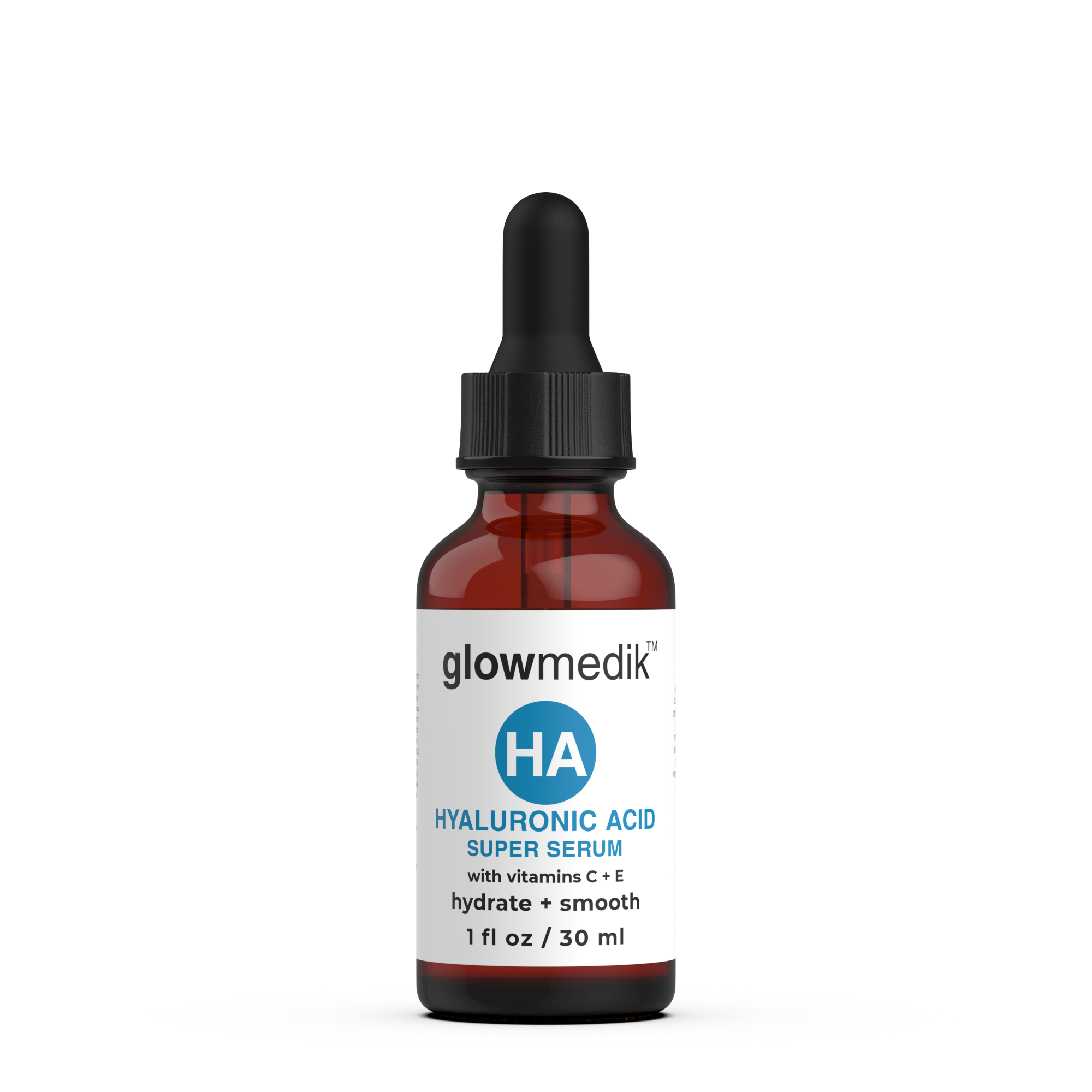 Glowmedik hyaluronic acid serum bottle with dropper on a white background