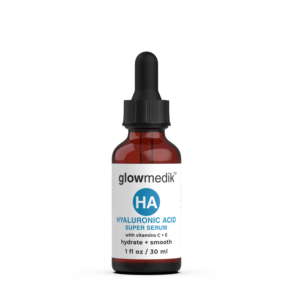 Glowmedik hyaluronic acid serum bottle with dropper on a white background