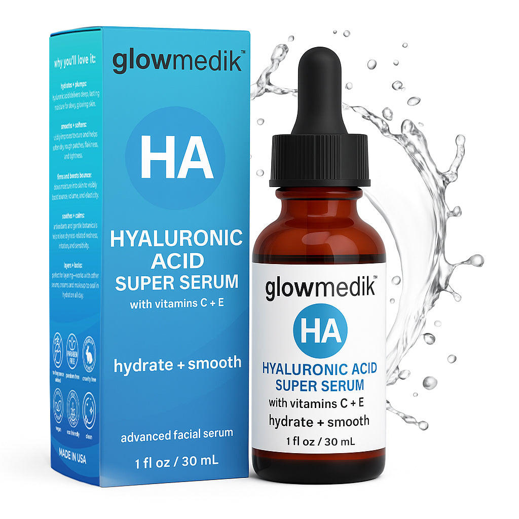 Glowmedik HA Hyaluronic Acid Super Serum with packaging on a white background
