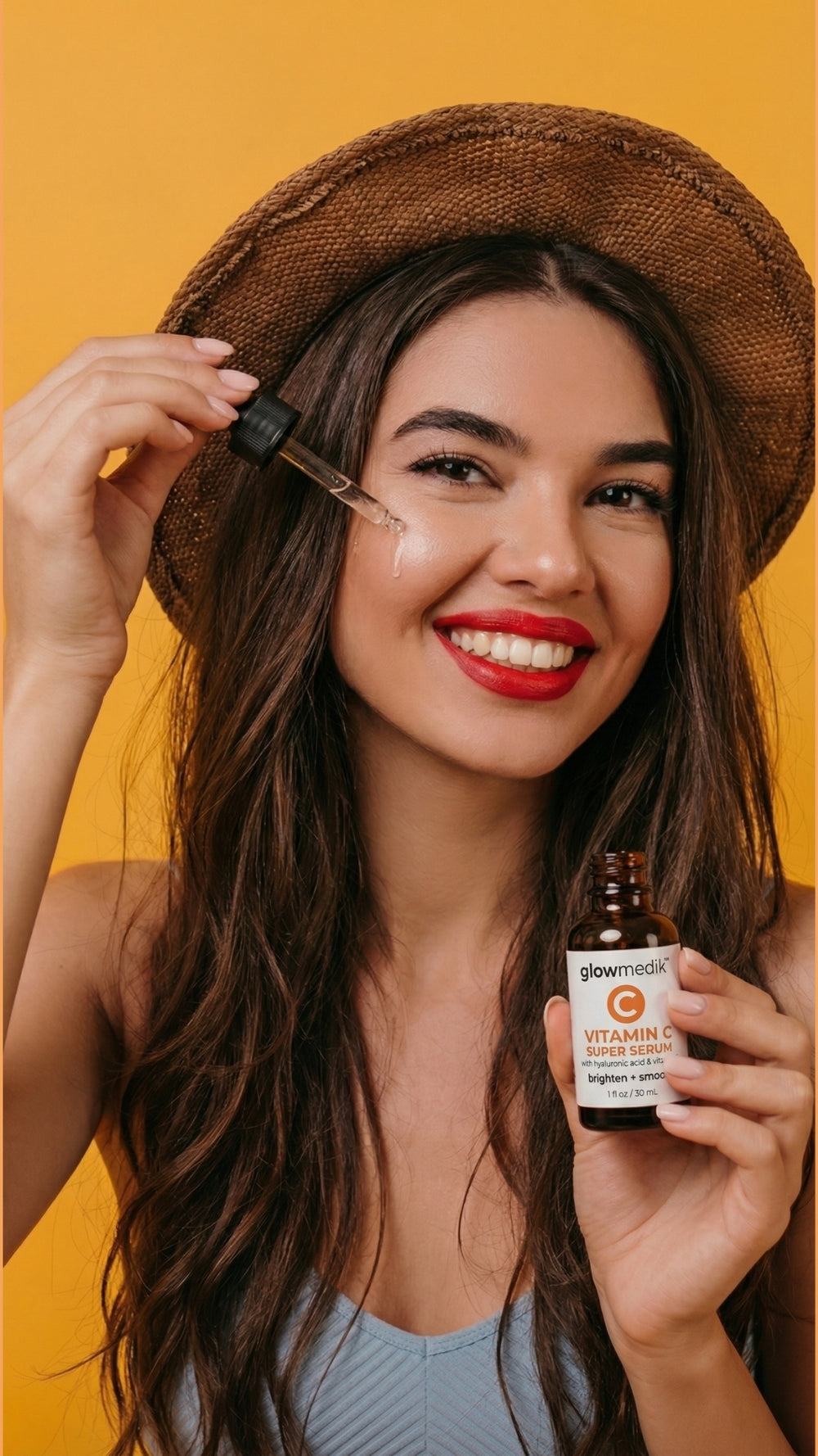 Glowmedik model holding a bottle of vitamins C serum with an orange background