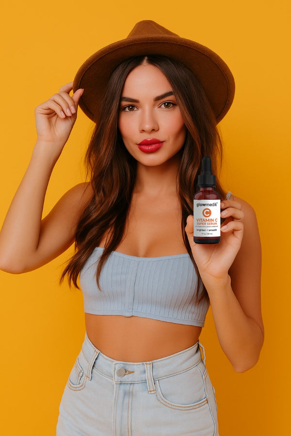 Woman holding a bottle of GNC supplement against a yellow background
