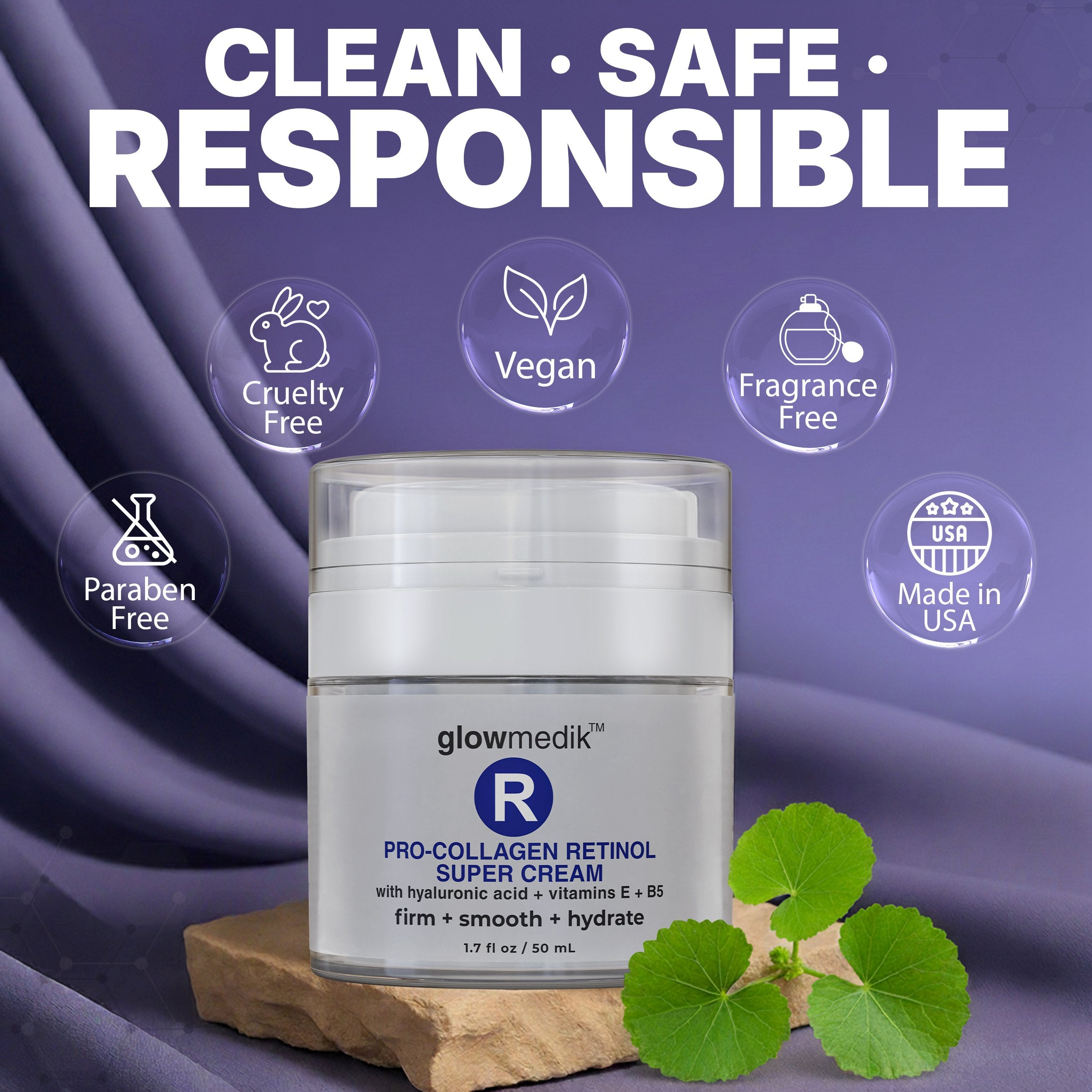 Glowmedik skincare cream jar with 'Clean, Safe, Responsible' text and icons on a purple background