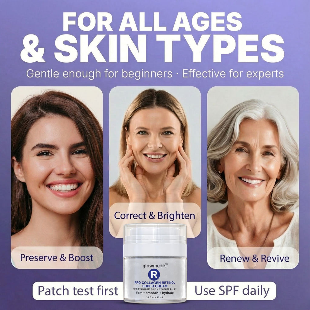 Advertisement for skincare products with three women and a cream container on a purple background.