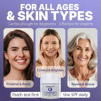 Advertisement for skincare products with three women and a cream container on a purple background.
