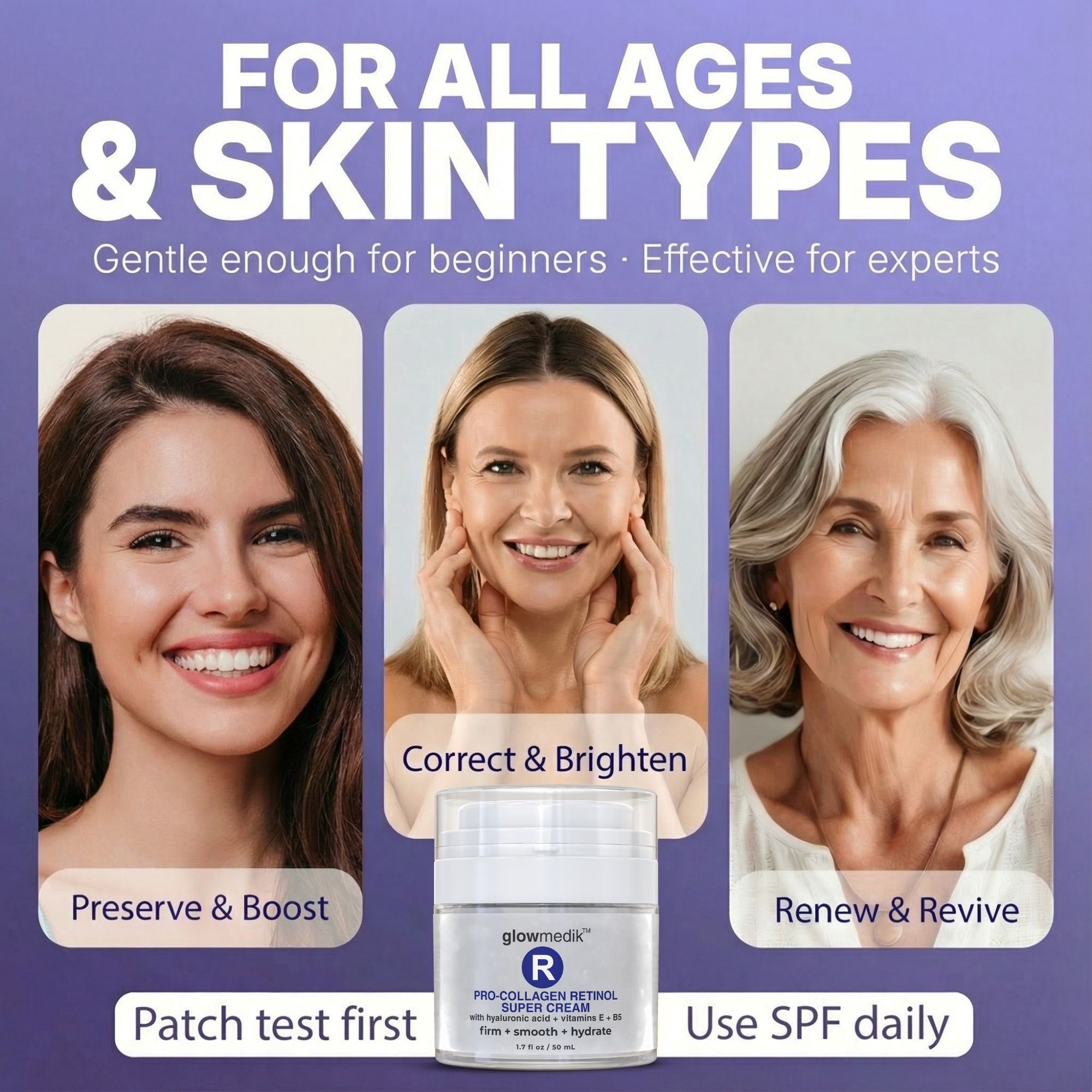 Advertisement for skincare products with three women and a cream container on a purple background.