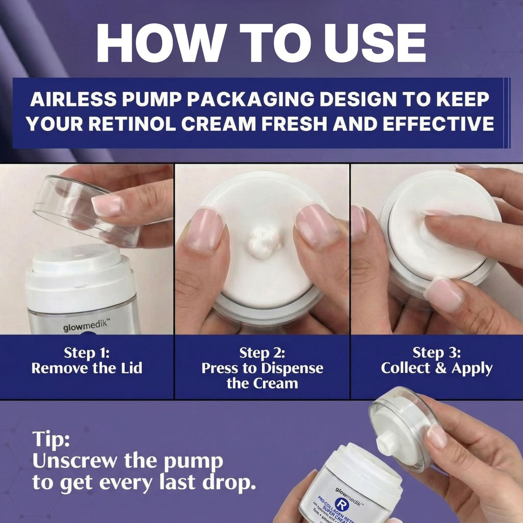 Instructions on how to use airless pump packaging for retinol cream with step-by-step visuals.