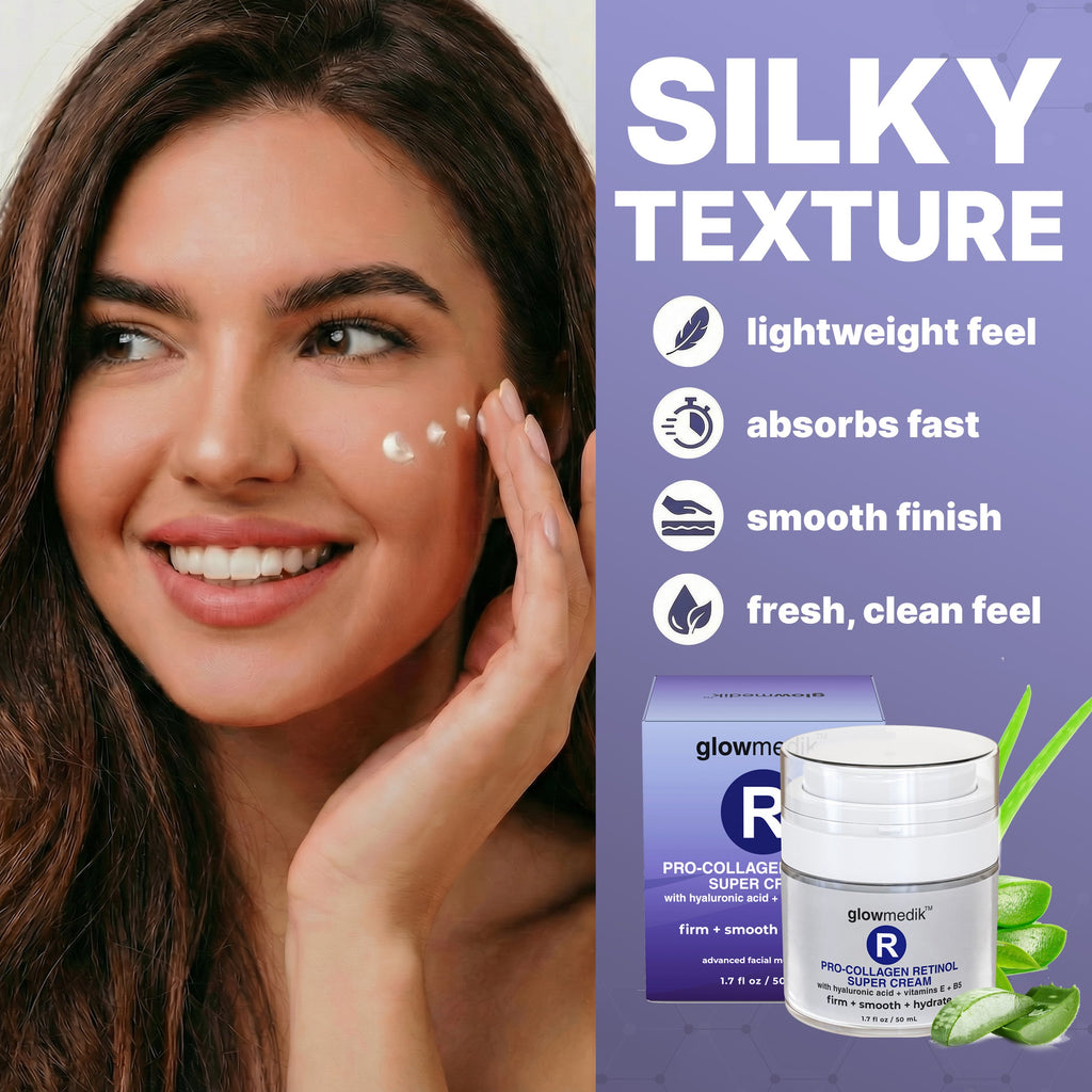 Woman applying cream to her face with product packaging and branding on a purple background