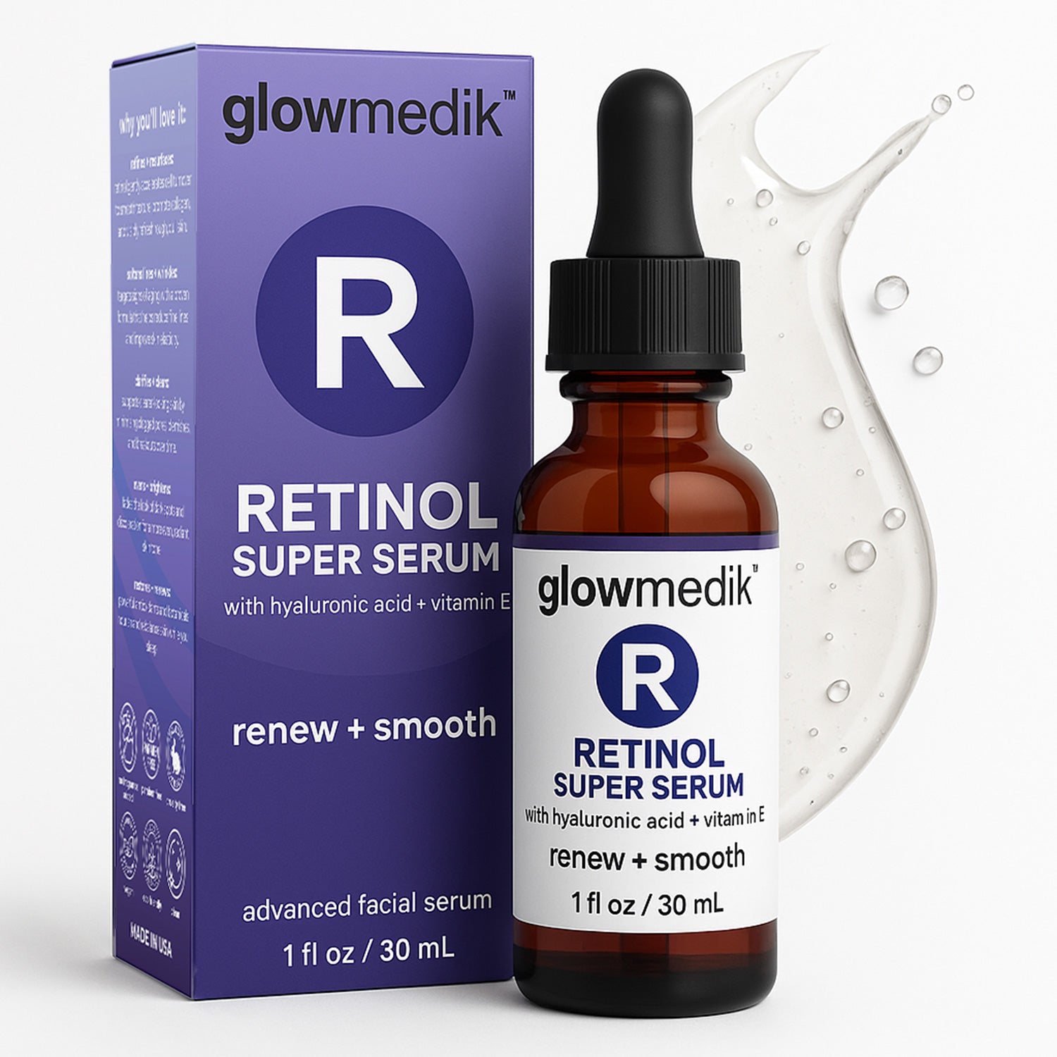 Glowmedik Retinol Super Serum bottle and packaging on a white background