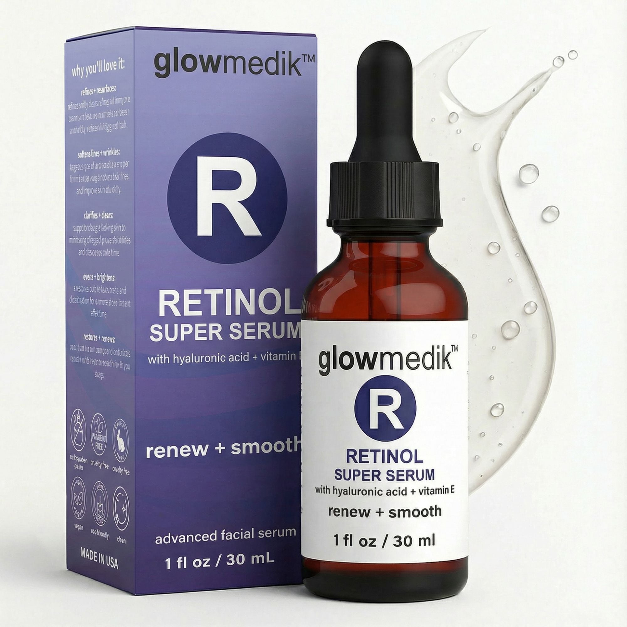 Glowmedik Retinol Super Serum bottle and packaging on a white background