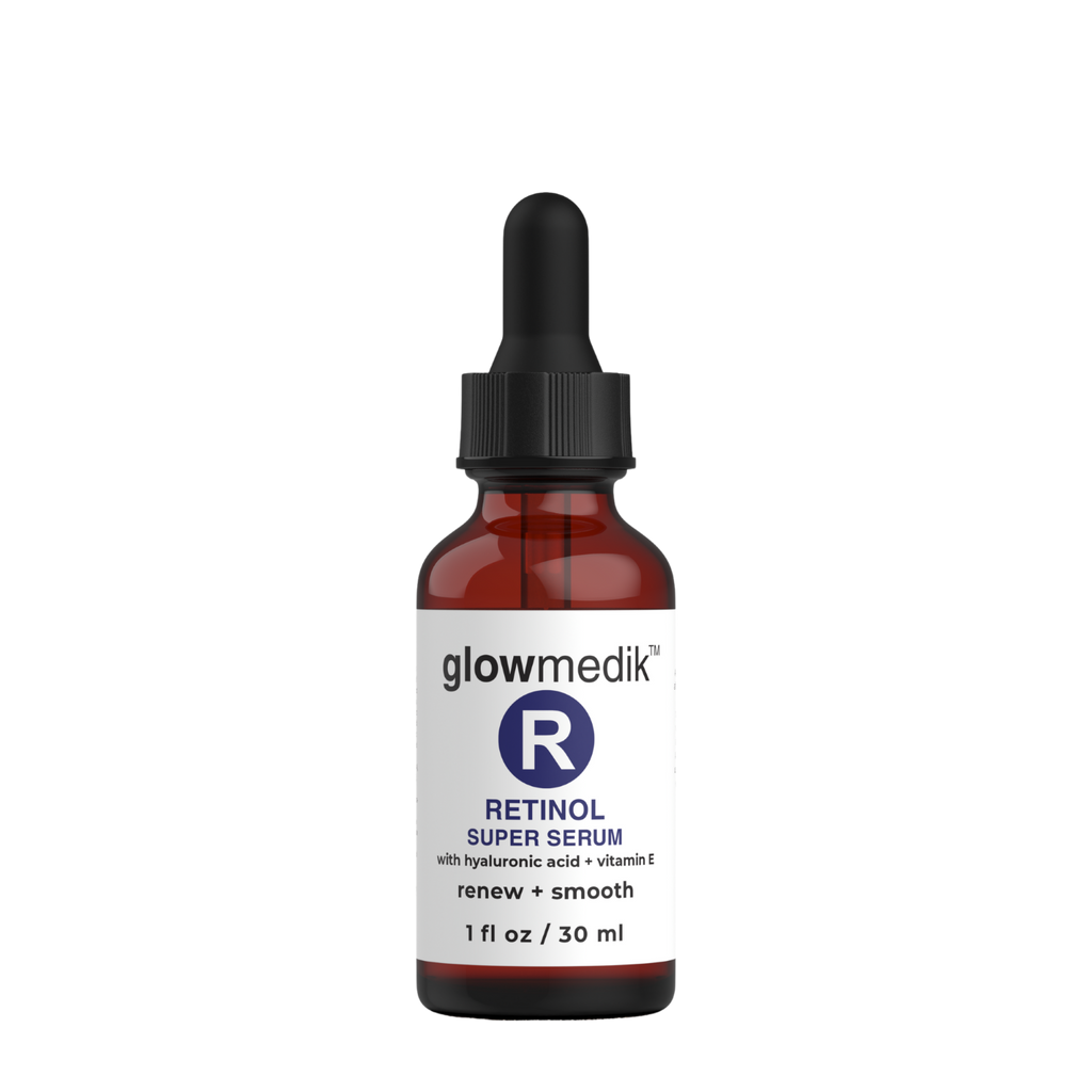 Glowmedik Retinol Super Serum bottle with dropper on a white background