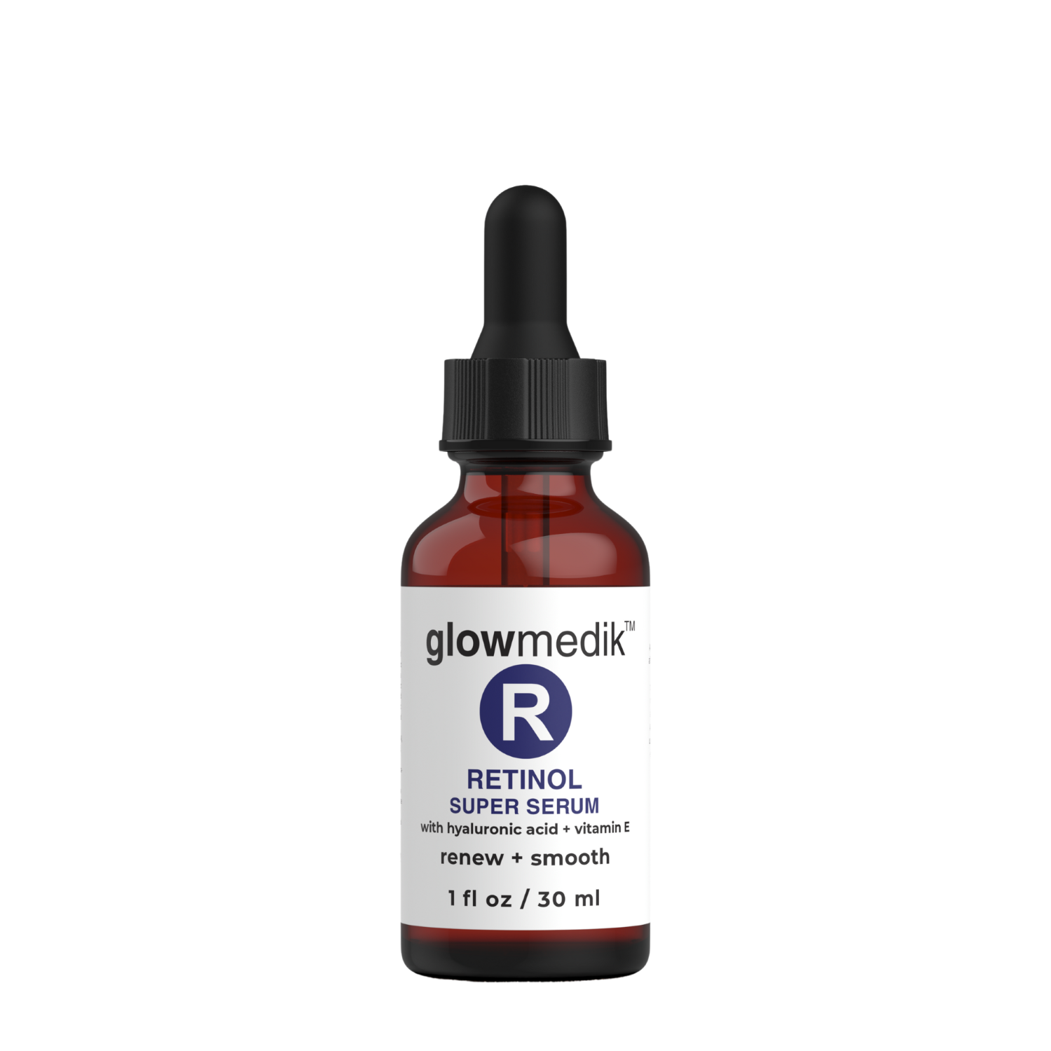 Glowmedik Retinol Super Serum bottle with dropper on a white background