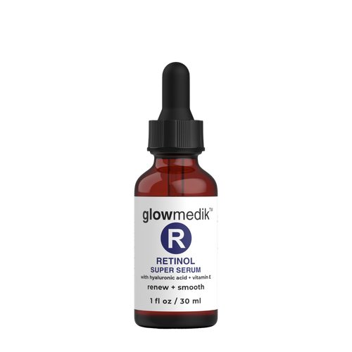 Glowmedik Retinol Super Serum bottle with dropper on a white background