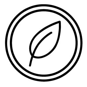 Black leaf symbol in a circular outline on a white background vegan
