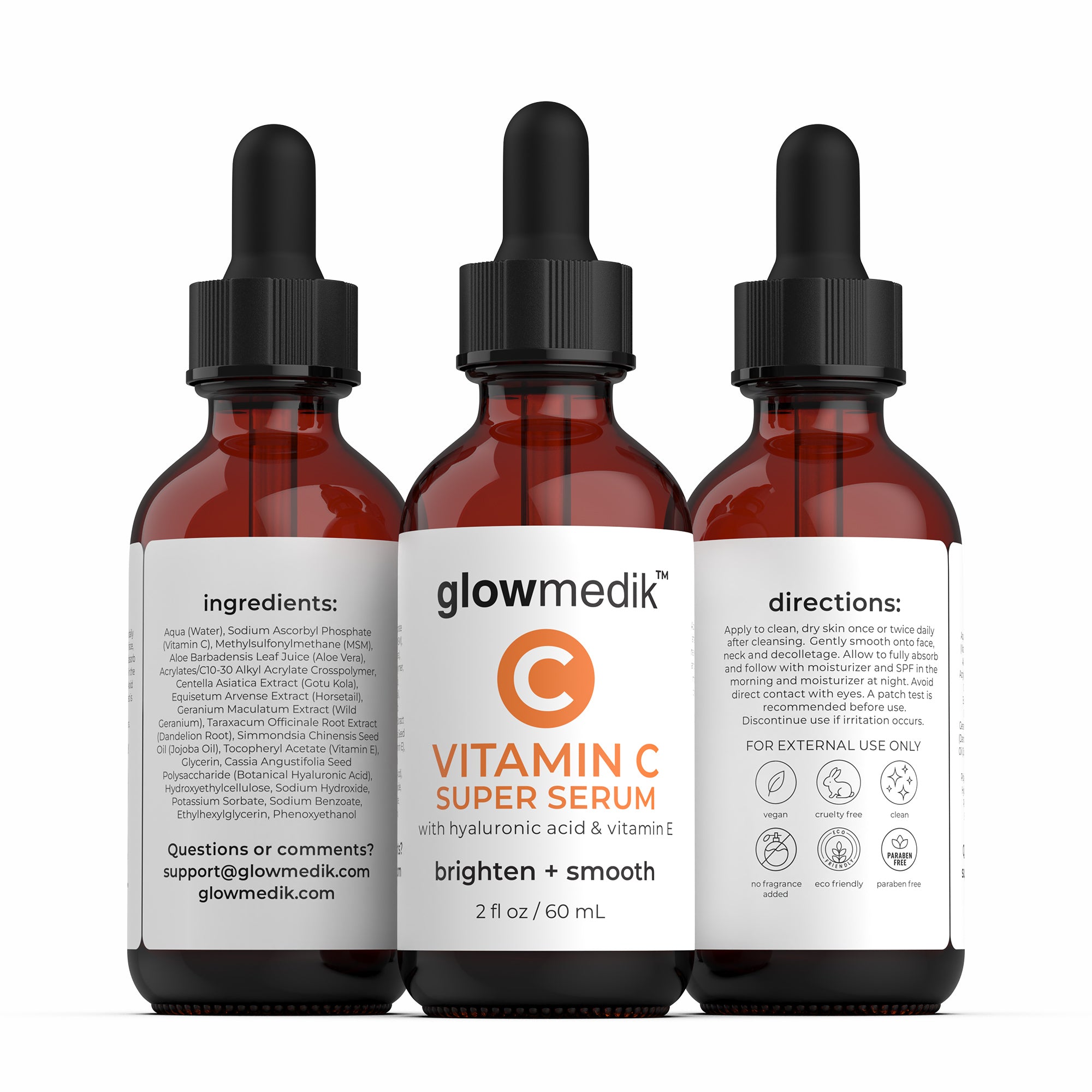 Three bottles of Glowmedik Vitamin C Super Serum on a white background