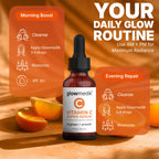 Glowmedik Vitamin C Super Serum with 'Your Daily Glow Routine' text and orange slices on a wooden background.